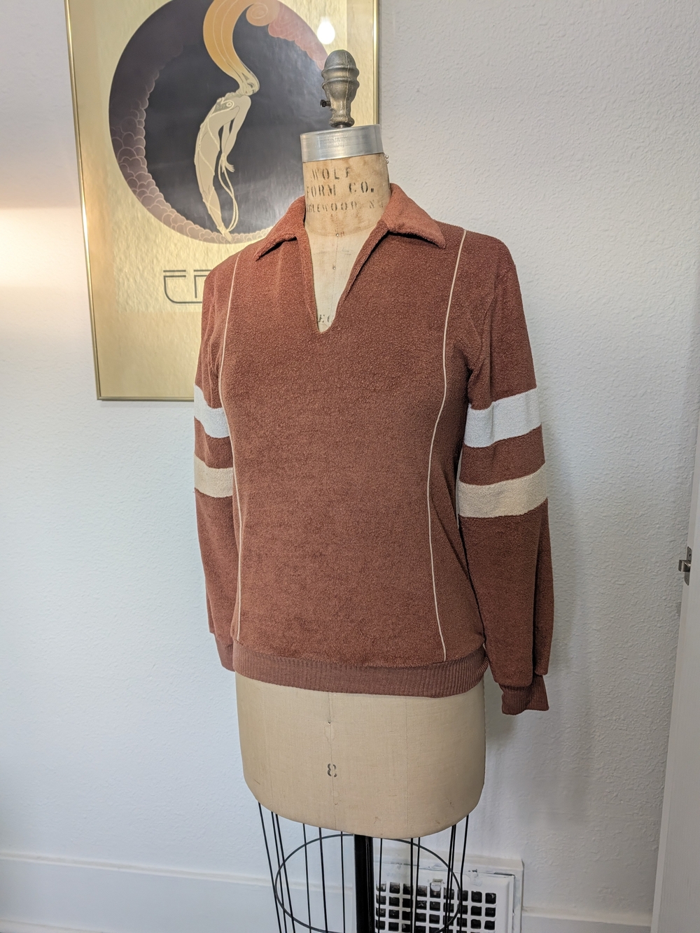 Vintage GAP 70s 80s Rust V-Neck Terry Cloth Sweater with Cream Sleeve Stripes